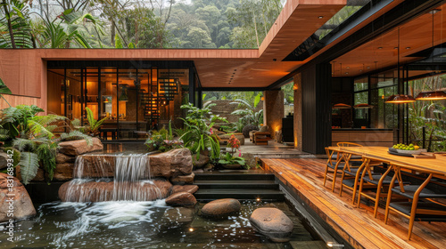 Natural pink shade dining room of a house resort by river waterfall