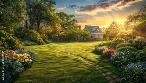 enchanting backyard oasis manicured lawn flowerbeds and pathway to house at sunset digital painting