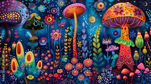 A colorful forest background with tall, spiral trees, oversized mushrooms, and whimsical flowers