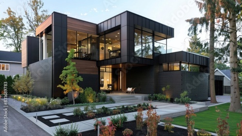 Luxurious modern cubic house with wooden cladding and black panel walls, front yard landscaping