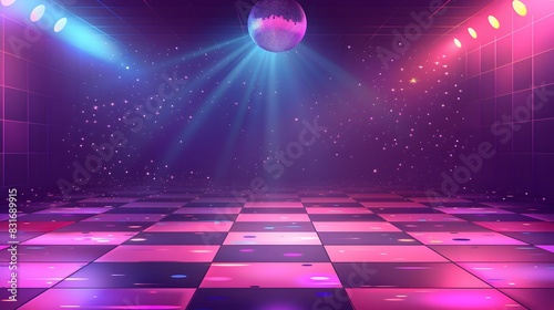 disco dance floor with a checkered pattern and a glittering disco ball hanging overhead photo