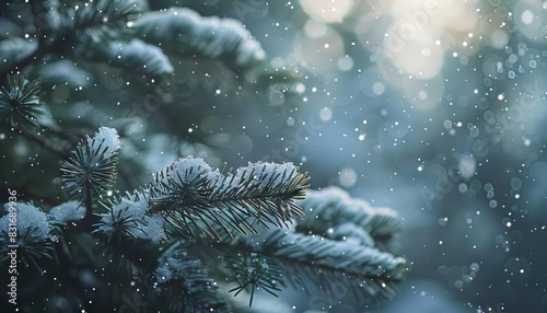 enchanting winter scene with snowcovered spruce branches and gently falling snowflakes photography photo