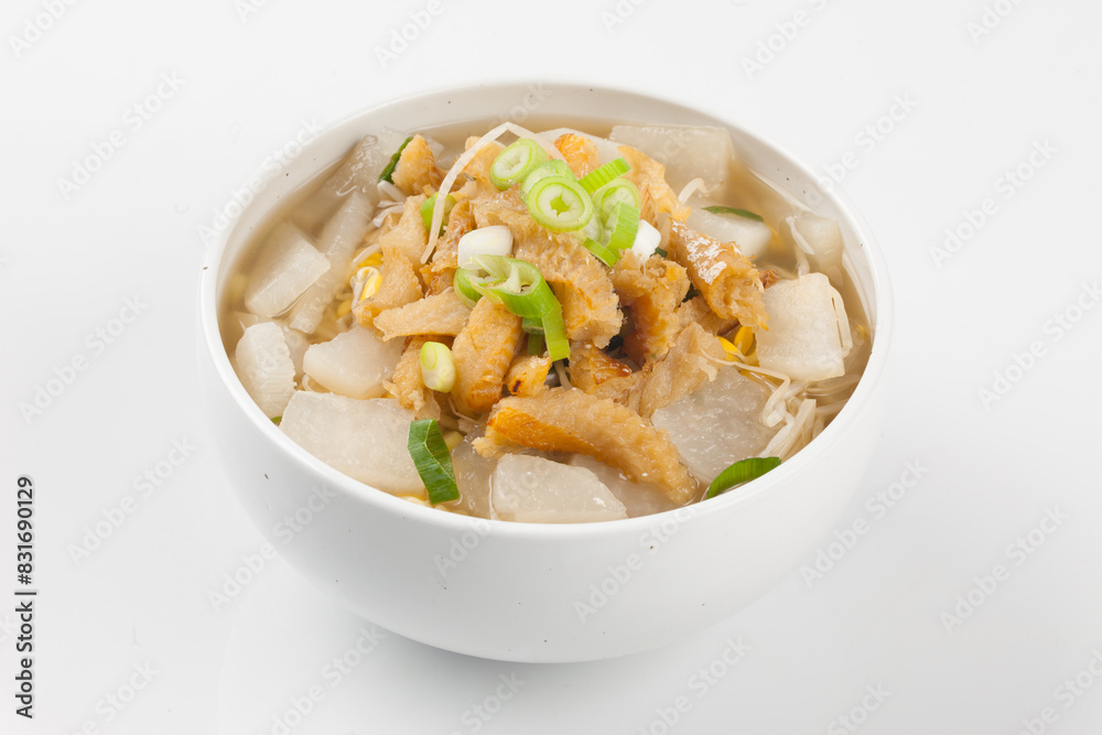 Soup made by tearing dried dried pollack into small pieces, adding green onions, and beating an egg. Soup made by tearing dried dried pollack into small pieces, adding green onions, and beating an egg.
