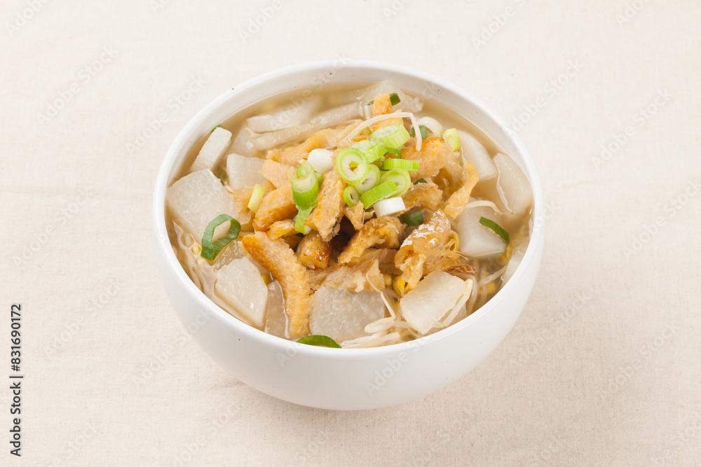 Soup made by tearing dried dried pollack into small pieces, adding green onions, and beating an egg. Soup made by tearing dried dried pollack into small pieces, adding green onions, and beating an egg.