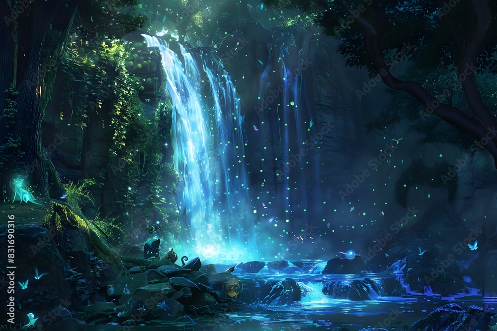 Enchanted Waterfall in Mystical Forest Landscape with Glowing Waters and Magical Atmosphere Enchanted Waterfall in Mystical Forest Landscape with Glowing Waters and Magical Atmosphere