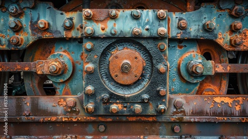 Detailed close-up of a vintage steam train's wheels and track, emphasizing the aged metal, bolts, and grease stains