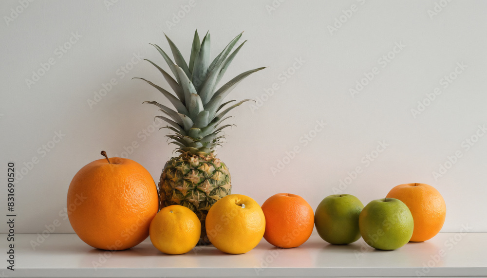 a white wall with texture and shadows, tropical fruits