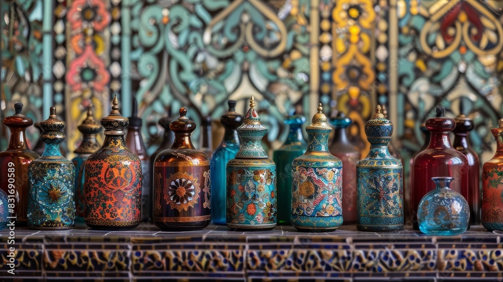 Close-up shot of elegant, colorful bottles with intricate designs, isolated background, studio lighting