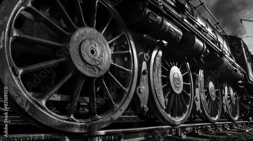Close-up of steam train wheels with heavy shadows, highlighting the robust and aged components of the locomotive