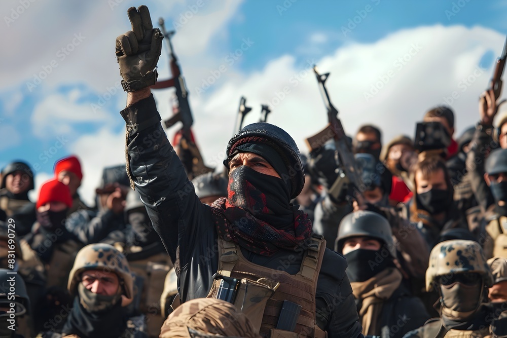 Defiant Rebel Leader Rallying Troops for Decisive Confrontation in Dystopian Conflict Defiant Rebel Leader Rallying Troops for Decisive Confrontation in Dystopian Conflict