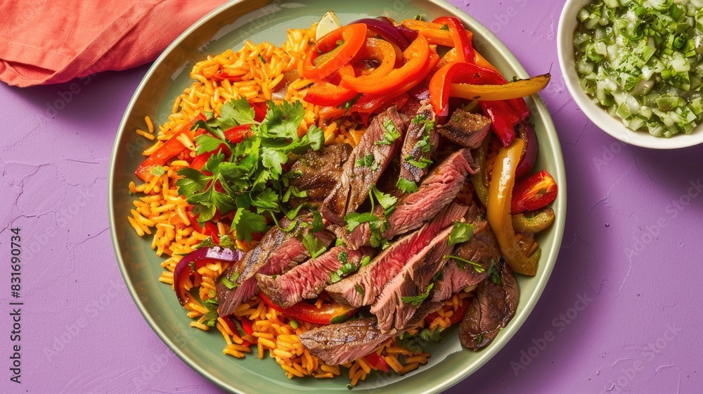 Mexican Inspired Steak Fajitas with Zesty Rice and Peppers on a Purple Backdrop Mexican Inspired Steak Fajitas with Zesty Rice and Peppers on a Purple Backdrop