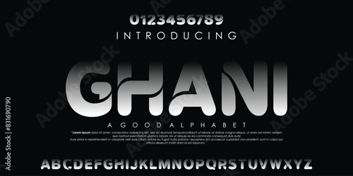 The image is a black and white advertisement for a font called Ghani. The font is described as a 