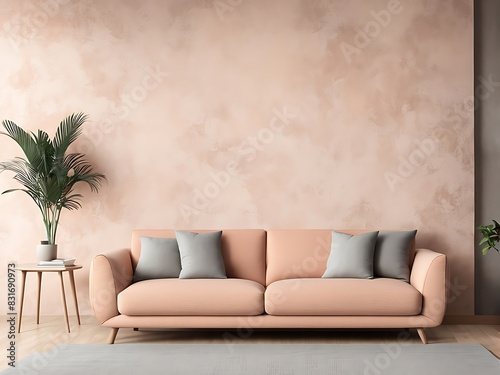  Peach fuzz interior room trend color year 2024. Texture mockup wall for art - microcement pastel apricot beige tan colour plaster. Modern room design living lounge. Accent cozy gray sofa. 3d render 