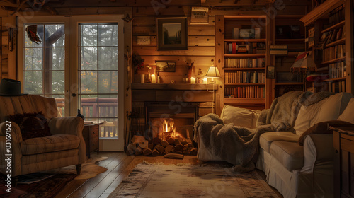 A cozy living room with a fireplace and a clock on the wall