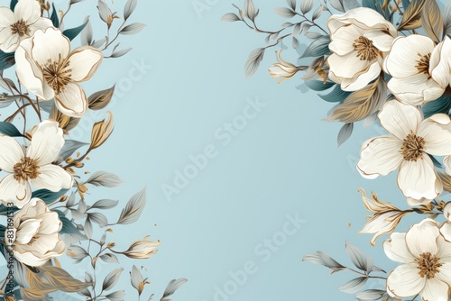 Elegant promotional template with floral borders on a light blue background
