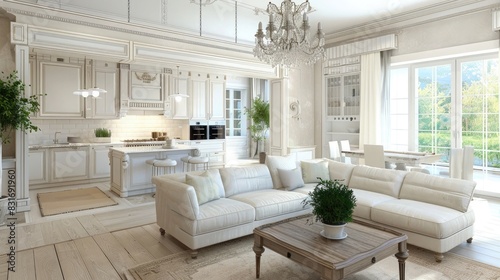 Luxurious white kitchen and living room in a big house