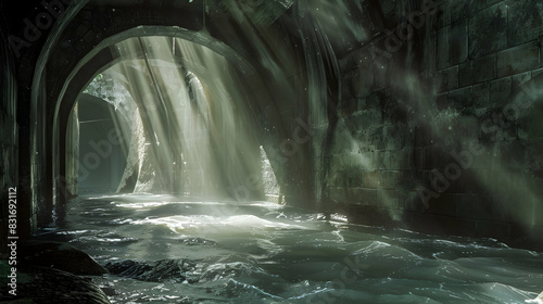 A haunting image of a subterranean river flowing through a sewer system, with beams of natural light filtering through small openings and casting ethereal, ghostly shadows on the water and walls. photo