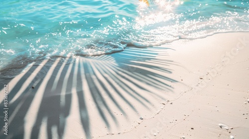 palm leaf shadow on abstract white sand beach background  sun lights on water surface  beautiful abstract background concept banner for summer vacation at the beach - generative ai