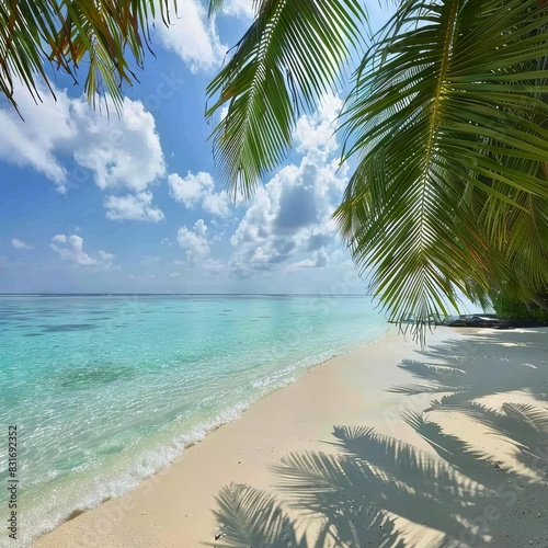 maldivian paradise tropical beach with palm trees and turquoise indian ocean photo