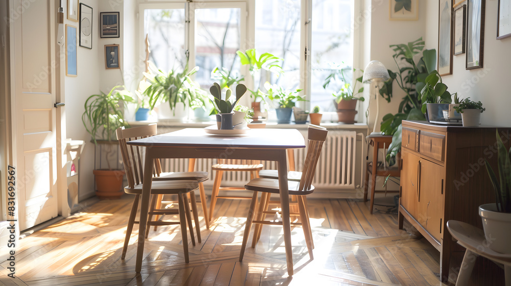 A large wooden dining table with a vase of flowers in the center