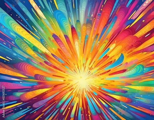 Color explosion background. Dynamic rays of blue  green  purple  red  yellow  and orange emanate from a central glowing center.