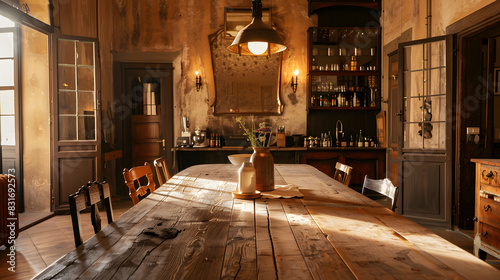 A large, open kitchen with a wooden table and chairs photo