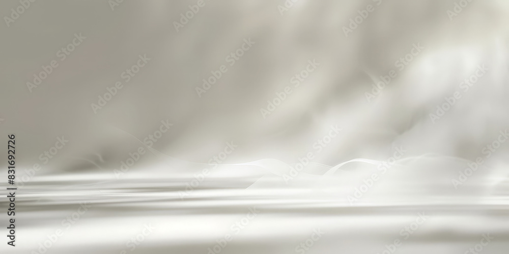 White empty room with  smoke or  fog on white background.  Misty ethereal scene with soft light and reflective surface creating a serene and calming atmosphere in a dreamy abstract style
