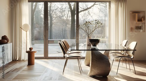 A white dining room with a glass table and white chairs