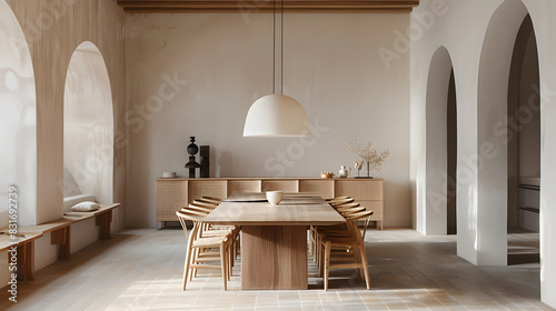 Fototapeta Naklejka Na Ścianę i Meble -  A large wooden dining table is surrounded by wooden chairs