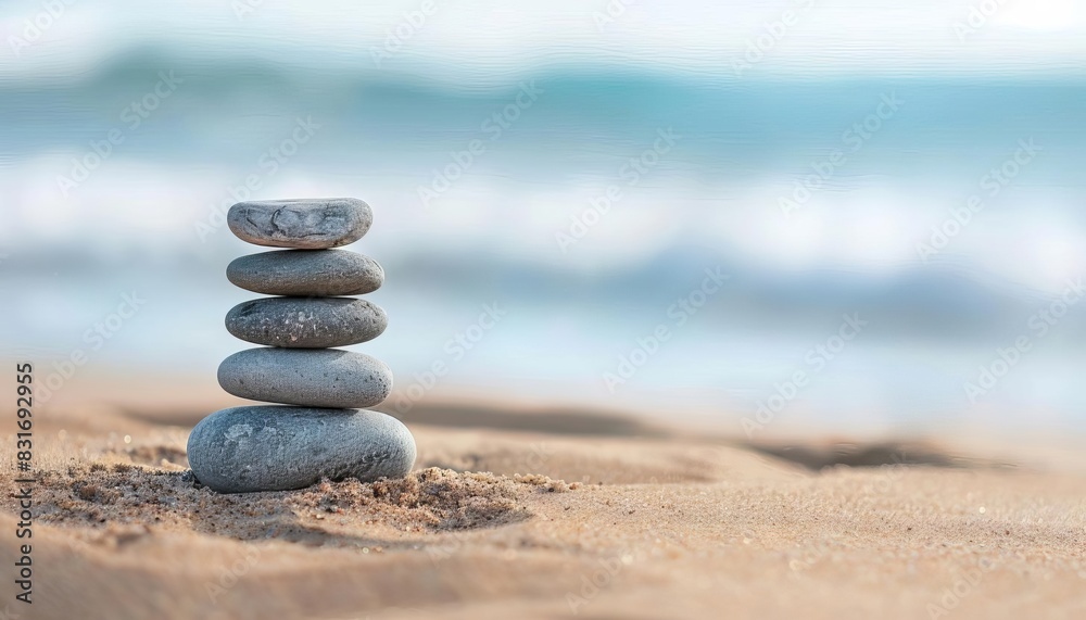 minimalist zen stone stack on sand with blurred beach background peaceful meditation and mindfulness photograph minimalist zen stone stack on sand with blurred beach background peaceful meditation and mindfulness photograph