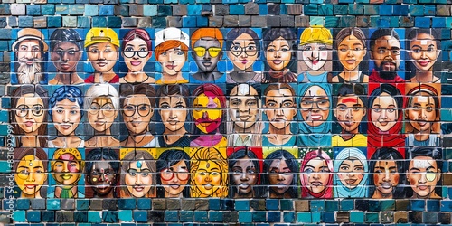 A colorful mosaic wall depicting a variety of diverse faces, symbolizing cultural diversity, unity, and community.