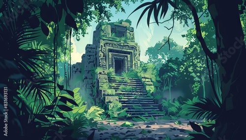 mysterious ancient stone temple ruins in dense jungle lost civilization adventure concept illustration