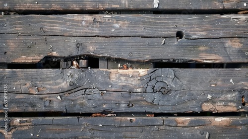 Damaged wooden deck with a gaping hole, broken and splintered planks, rough texture, dirt and debris around the edges, detailed close-up photo