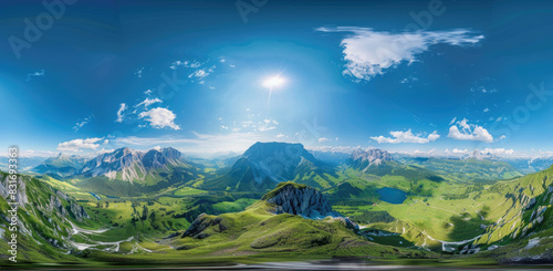360 degree raw photo of the Alps, a mountainous green landscape with a blue sky, sunshine, a lake in a valley © Kien