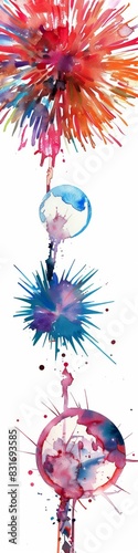 Red  white and blue fireworks illustration with an abstract watercolor style. 