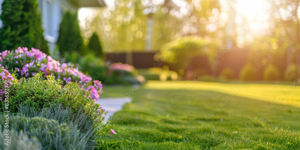 Obraz premium garden with flowers in hotel with blur background