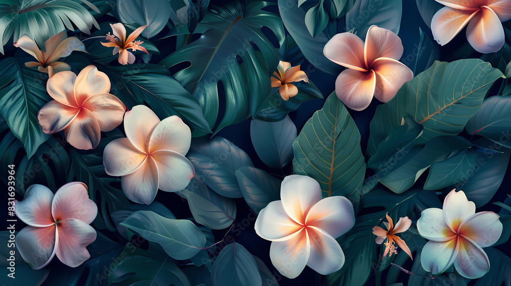 Tropical flowers in soft pastel hues