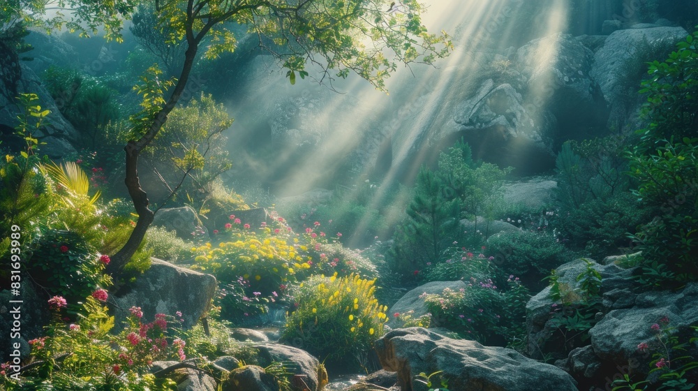 Obraz premium From rocky crevices to sun-dappled clearings, the camera explores every facet of the mountain herbal sanctuary, capturing moments of serenity and vitality.