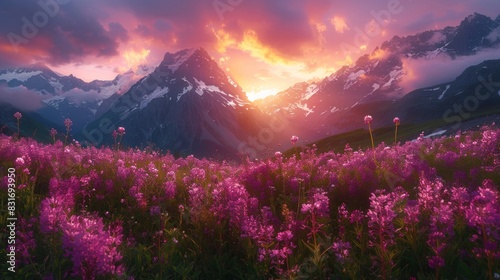 As the first light kisses the peaks, revealing the hidden treasures of the alpine meadows, the camera captures the essence of dawn's awakening amidst the herbal kingdom. photo