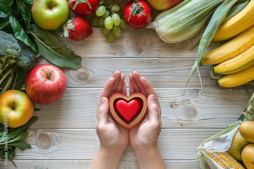 Two hands holding a red heart-shaped symbol of health, surrounded by a variety of nutritious foods including fruits, vegetables - Generative AI