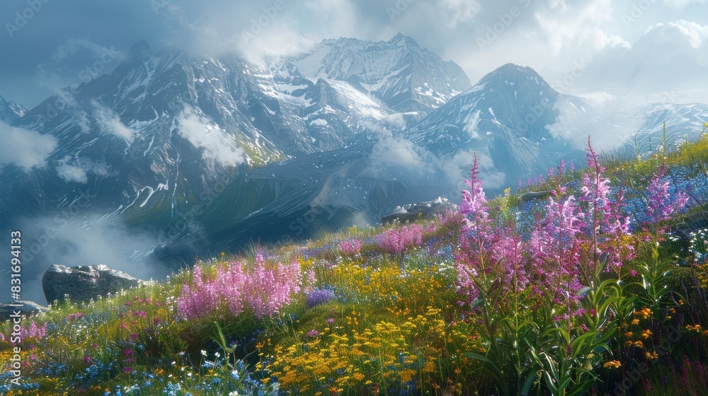 Fototapeta premium Amidst the whispers of the wind and the rustle of leaves, the camera captures the essence of the mountain's soul, where herbs thrive in quiet abundance.