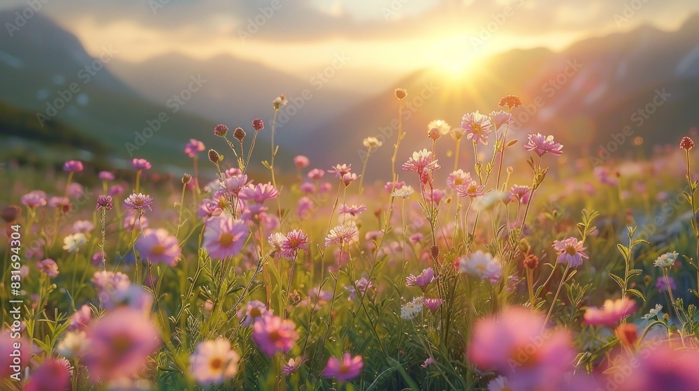 Fototapeta premium With each frame, the camera tells the story of resilience and renewal, as mountain herbs reclaim their place in the sunlit meadows and shadowed valleys.