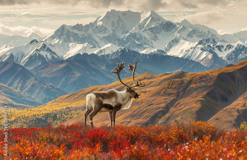 A caribou standing in the foreground  with snowcapped mountains of Alaska s Denali National Park visible behind it. The scene is set during autumn and includes forests  alpine meadows  and mountainous
