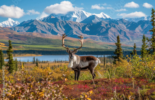 A caribou standing in the foreground  with snowcapped mountains of Alaska s Denali National Park visible behind it. The scene is set during autumn and includes forests  alpine meadows  and mountainous