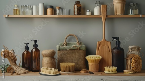 Collection of sustainable cleaning tools, including a wooden mop, reusable glass bottles, and eco-friendly scrub pads, isolated background, studio lighting