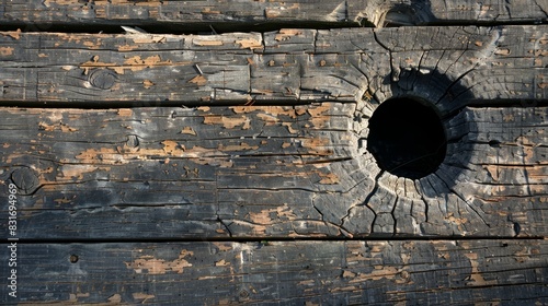 Close-up view of a weathered wooden deck with a large hole in the center, splintered and cracked boards, raw texture, sunlight casting shadows photo