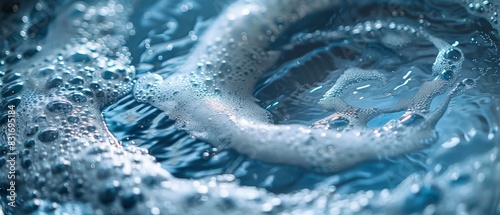 Close-up of swirling detergent bubbles, creating a mesmerizing pattern in the washing machine, emphasizing the efficiency and action of washing