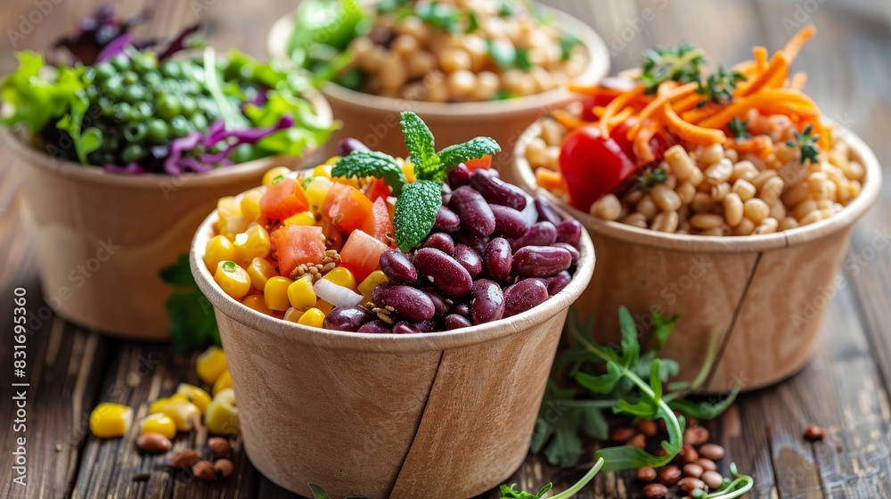 Close-up of organic grain bowls in sustainable paper containers, diverse ingredients and colors, isolated background, studio lighting
