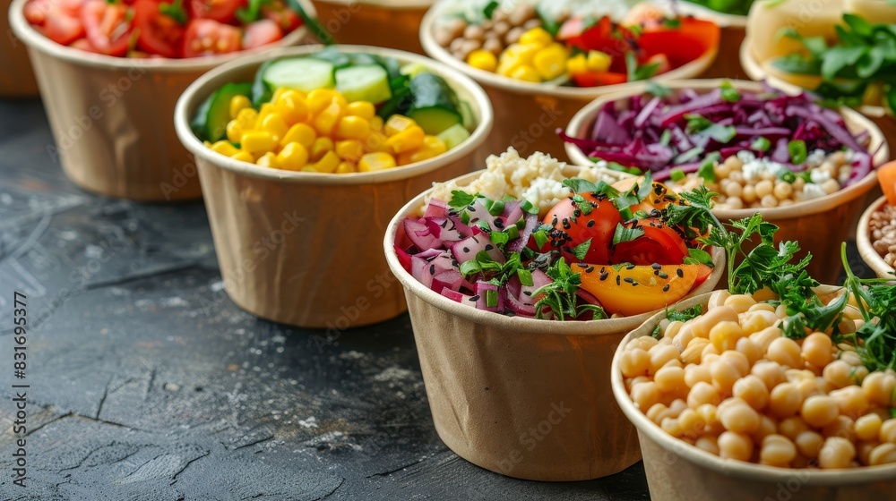 Close-up of organic grain bowls in sustainable paper containers, diverse ingredients and colors, isolated background, studio lighting