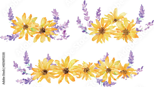 ラベンダーと向日葵の水彩ベクターフレーム。水彩画。水彩タッチの夏の花フレーム。Watercolor vector frame of lavender and sunflowers. Watercolor painting. Summer flower frame with watercolor touch.